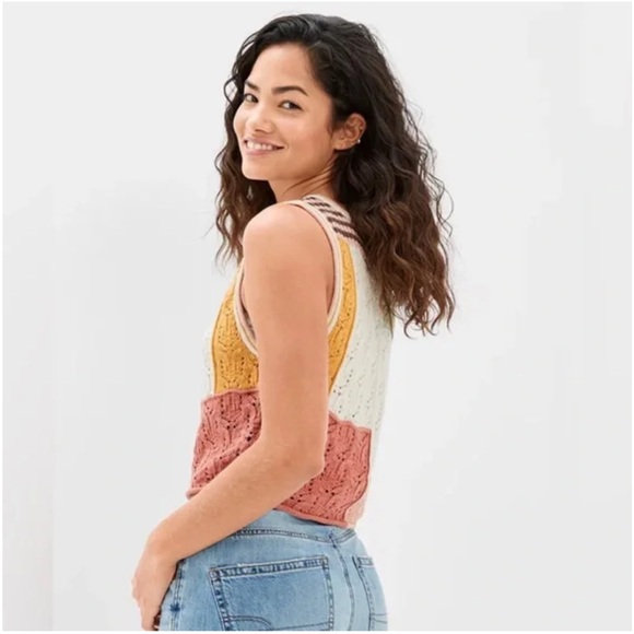 American Eagle Patchwork Crochet Button Front Tank Top Knit Multicolor Small - Picture 7 of 9